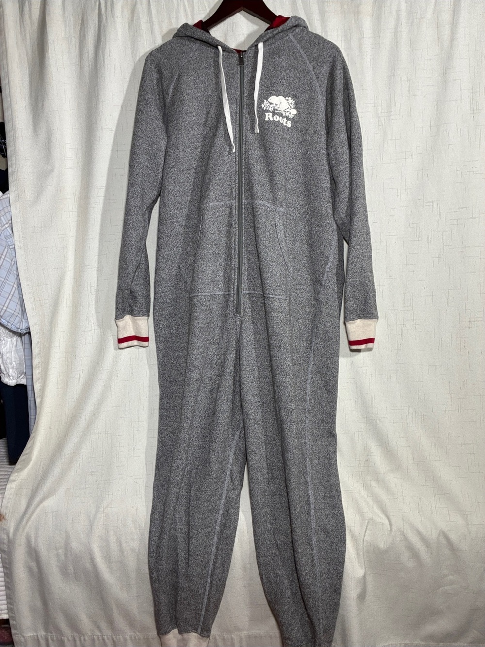 Roots Gray Zip-Front Kids One-Piece Hoodie with Red Trim